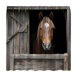 KDYDK Farmhouse Horse Shower Curtain Funny Farm Animal Rustic Barn Wooden Board Fence Garage Western Country Brown Decor Bathroom Curtain Set with Hook