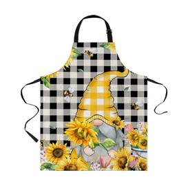 Sunflower Bee Gnomes Bib Aprons for Women With Pockets,Spring Tulip Flower Flroal Plaid Black Waterproof Canvas Chef Kitchen Cooking Apron for Painting/Kids Arts And Crafts/Dishwashing/Pottery