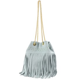 modamoda de T244 Women's Shoulder Bag Suede with Fringes and Gold Chain Handmade in Italy, ice blue