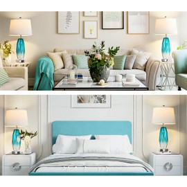 CNXIN 26" Touch Table Lamps Set of 2 for Bedrooms, 3 Way Dimmable Living Room End Table Lamps with Teal Blue Diamond Texture, Modern Glass Bedside Nightstand Lamps with USB C A Port, Bulbs Included