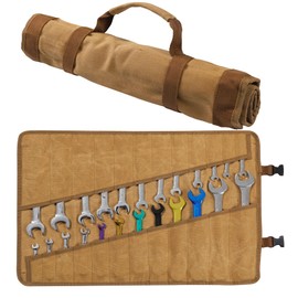 Wrench Roll Up Organizer Pouch - Heavy Duty 16oz Waxed Canvas Tool Bag with 24 Pockets, Durable Buckle Closure, Khaki (21.5" x 16.5")