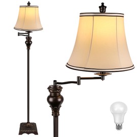 PARTPHONER Vintage Floor Lamps for Living Room,Traditional 350° Adjustable Swing Arm Farmhouse Floor Lamp for Bedroom, Rustic Standing Lamp Pole Lamps for Reading, Home Décor and Office, Brown