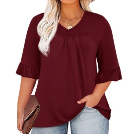 Micoson Christmas Shirts Plus Size Women V Neck Ruffle Half Sleeve Blouse Loose Casual Babydoll Tops, Burgundy 3XL