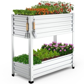 Cybrasc 2-Tier Galvanized Raised Garden Bed with Legs, 36"x16"x36" Metal Elevated Planter Box (12" Top/8" Bottom Depth), 500LB Capacity for Vegetables, Herbs, Leafy Greens, Flowers on Patio Yard