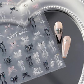 Valentine's Day Bow Nail Art Stickers Decals 5D Embossed Glitter Bow Nail Stickers Black White Pink Bow Rhinestones Nail Art Supplies Bow Stickers Nail Adhesive Sliders for Women Girls DIY Nail Salons