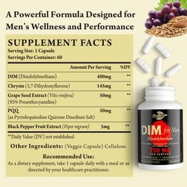 DIM for Men 750MG – Hormone Balance, Estrogen Support for Men, DIM Supplement, Detox, Vitality & Fitness Performance–Chrysin & Black Pepper Extract, 60 Capsules (1 Bottle)