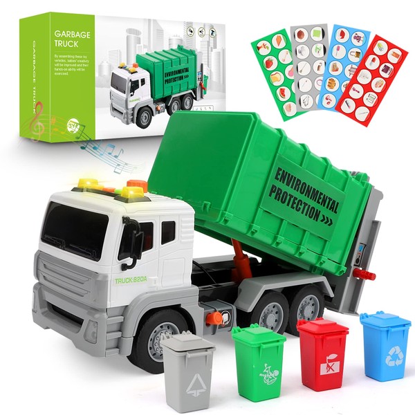 kramow Garbage Truck Toy with Lights and Sounds, Truck Toys, Friction-Powered Car Toy with 4 Garbage Cans, Vehicles Toys Gifts for Kids Boys Girls 3 4 5 6 Years Old, Green