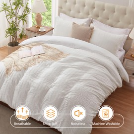 Cozyide White Duvet Cover Queen Size, Soft 3-Piece Seersucker Queen Duvet Cover Set, All Seasons Bedding Set with Zipper Closure and Corner Ties(90"x90", 2 Pillow Cases 20"x26")