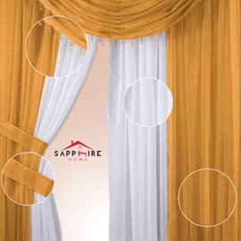 Sapphire Home Sheer Curtains - Two Tone 4 Panels Set w/Valance & Tiebacks, 55"x95", Lightweight Light-Filtering Window Curtain for Living Room, Bedroom, Kitchen, Dining Room - Gold