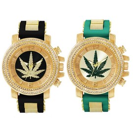 MaxBling81 Men Watch Weed Leaf Dial Iced Gold Silver Tone Silicone Band Hip Hop Style Bling Wristwatch Fashion - Color: GREEN