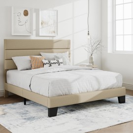 SHA CERLIN Full Platform Bed Frame with Upholstered Fabric Headboard, Mattress Foundation with Strong Wooden Slats Support, No Box Spring Needed, Beige
