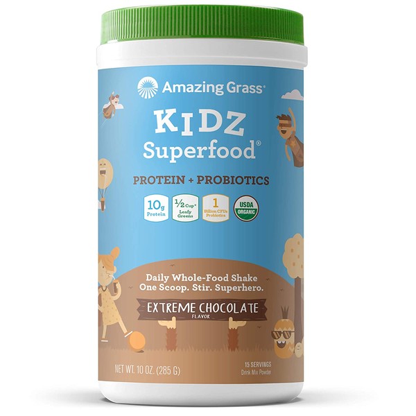 Amazing Grass Kidz Superfood: Vegan Protein & Probiotics for Kids with 1/2 Cup of Leafy Greens, Extreme Chocolate, 15 Servings