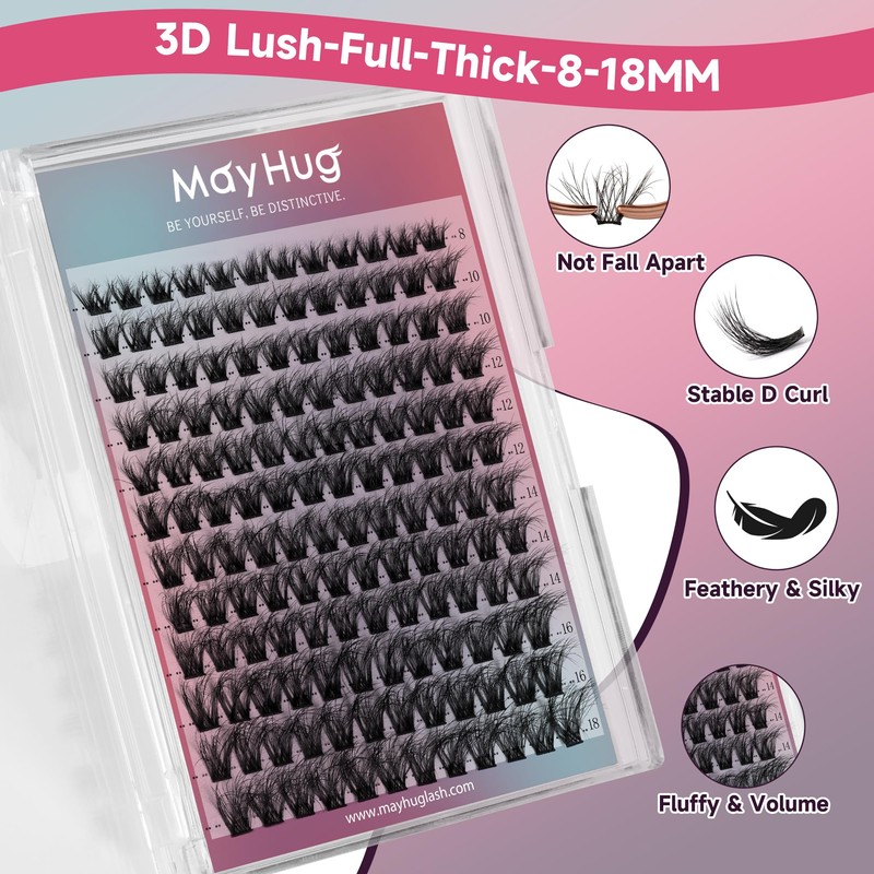Mayhug Eyelash Extensions, 3D Effect, Individual Eyelashes, 144 Pieces, D