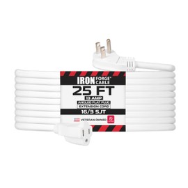 Iron Forge - Cable de extensión plano de 25 pies, cable de extensión de perfil bajo de 25 pies con enchufe plano en ángulo de 45°, cable de extensión de interior blanco de 16 AWG con enchufe de tierra de 3 puntas, SJT, propiedad de veteranos de EE. UU
