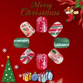 Christmas Press on Nails Short Fake Nails Red Green Christmas False Nails with Glitter Design Holly Snowflake Acrylic Nails Cute Xmas Tree Glue on Nails New Year Stick on Nails for Women Manicure