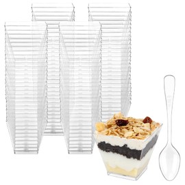 Colovis Mini Dessert Cups, 200 CT 2oz Clear Plastic Parfait Appetizer Cups with Spoons Mini Square Dessert Bowls for Serving, Tasting (200)