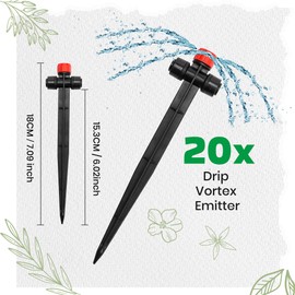 MIXC 20pcs Two-Way Quick-Connect Drip Irrigation Emitters for 1/4" Drip Irrigation Tubing - Adjustable Push-to-Connect 360° Drip Emitters Stream on 7" Sturdy Stake for Irrigation System