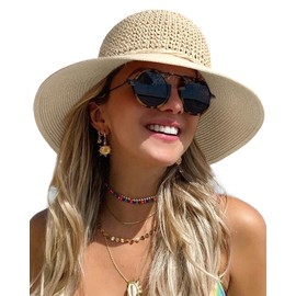 FURTALK Beach Hats for Women Summer Straw Sun Hat Wide Brim Crochet Hats Beige