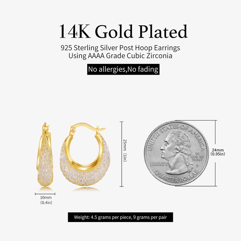 SayovatBek 14K Gold Plated 23–25mm Lightweight Mesh Hoop Earrings for