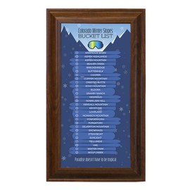 Colorado Ski Resorts Bucket List - Blue Snowflakes - Brown Frame - 13.5 inches x 23.5 inches - Track Your Colorado Ski Adventures