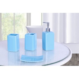 4 Piece Ceramic Bathroom Set Solid Colors Toothpaste Holder Toothbrush Holder Soap Pump Soap Dish (Turquoise Aqua)