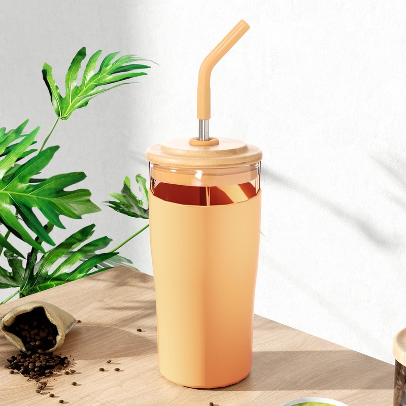 Kovkveo Glass Cups with Bamboo Lids and Straws,20 oz Dringking