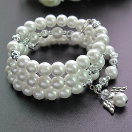 12 PCS Baptism Bracelet Party Favor - Five Decde Memory Wire Wrap Rosary Bracelet with Angel Charm Christening Recuerdos de Bautizo