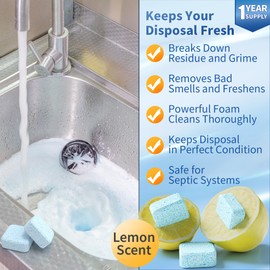 Foaming Garbage Disposal Cleaner and Deodorizer Tablets-24 Pack Food Disposal Cleaner, Quickly Eliminates Odors, XL Powerful Foaming Action, Refreshing Lemon Scent, Natural Ingredients, 1 Year Supply