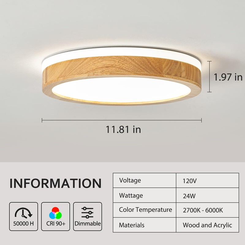 Pevfah Modern Dimmable Wood Flush Mount Ceiling Light, 2700K-6000K 5CCT