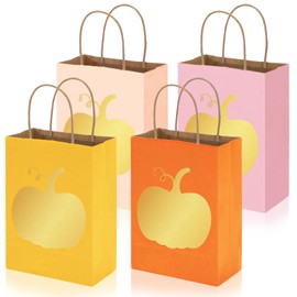 Whaline 36Pcs Fall Paper Bag Gold Foil Pumpkin Treat Bags with Handles Pink Orange Candy Goodie Bags for Autumn Harvest Thanksgiving Party Favors Supplies