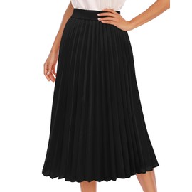 DRESSTELLS Pleated Midi Skirts for Women, Aline Long High Elastic Waisted Summer Flowy Chiffon Swing Skirt, Black, Medium