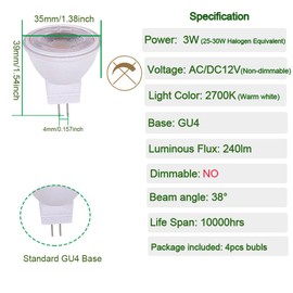 mr11 led Spotlight bulb 3w Non-dimmable AC/DC12V Low voltage GU4 2-Pin 2700K Warm white 38 degree 240lm 25-30W Halogen replacement for Outdoor Landscape Spotlight and Track Light (2700K Warm white)