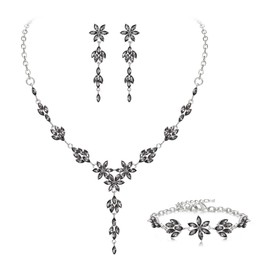 Ever Faith Costume Jewellery Set for Women, Marquise Crystal Cluster Flower Necklace Dangle Earrings Bracelet Set Banquet Prom Accessory Grey Silver-Tone