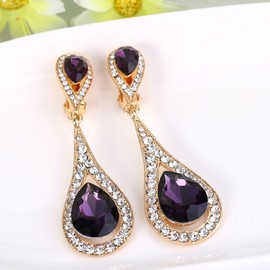 EVER FAITH Women's Austrian Crystal Dual Tear Drop Clip-on Dangle Earrings Purple Gold-Tone