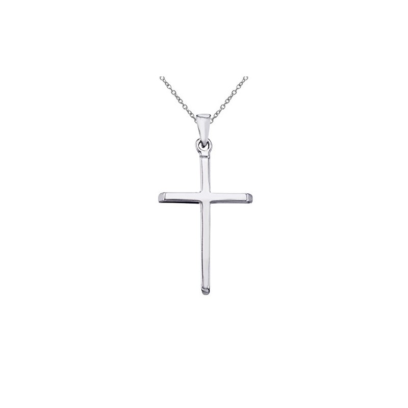 14K White Gold Plain Cross Pendant with 18" Chain