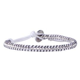KELITCH Silver-Plated Metal Nugget Bead White Leather Wrap Bracelet