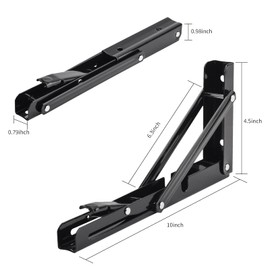 YUMORE Folding Shelf Brackets, 10 Inch Heavy Duty Collapsible Shelf Bracket, Black DIY L Bracket for Workbench Folding Table Hinge, Max Load: 330lb, 2 Pack