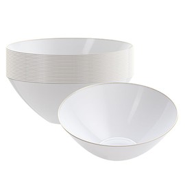 Restaurantware Moderna 6 Ounce Plastic Bowls 20 Durable Disposable Salad Bowls - Gold-Rimmed Heavy-Duty White Plastic Fancy Bowls For Warm And Cold Foods Ideal For Restaurants