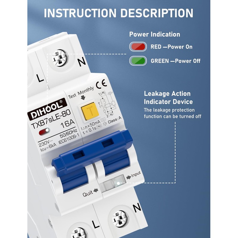 DIHOOL Rohs FI Circuit Breaker 1P+N 16A 30mA Type A