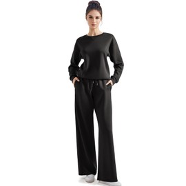 SUUKSESS Women Modal 2 piece outfits Oversized Sweatshirt Fall Lounge Set Wide Leg Pants Matching Sets (Black,XL)
