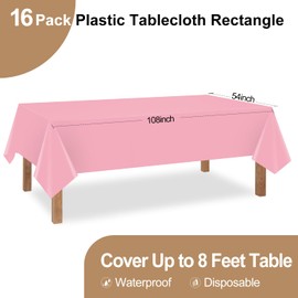 Kongdaoth Pink 16 Pack 54 x 108 Inch Plastic Tablecloths, Disposable Rectangle Tablecloth, Party Table Cover Plastic Table Cloth
