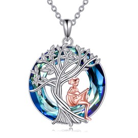 YFN Crystal Necklace Sterling Silver Inspired Tree of Life Pendant Chain Tree of Life Jewellery Graduation Gifts for Women Girls, Sterling Silver, No Gemstone