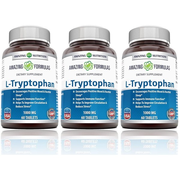 Amazing Formulas L-Tryptophan - 1000 Mg, Tablets - Non-GMO - Encourages Positive Mood & Restful Sleep - Supports Immune Function - Helps to Improve Circulation & Reduce Stress* (60 Count (Pack of 3))