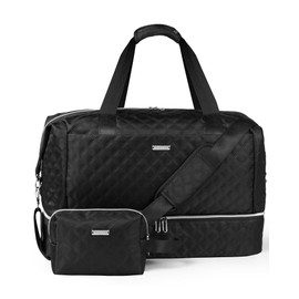Gloppie Travel Duffel Bags for Women, 39L Large Weekender Bags for Women with Shoe Compartment, Carry On Overnight Gym Bags with Wet Pocket, Hospital Bag for Women Labor Delivery, 2 Pcs Set, Black