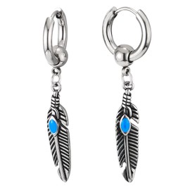Mens Womens Stainless Steel Huggie Hinged Hoop Earrings, Dangling Feather Leaf with Turquoise