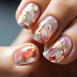 24 Pcs Press on Nails Extra Short Square,LINMEIZAI Fake Nails Press ons Nail Tips Glue on Nails Full Cover Acrylic Nail Kit False Nail with Gold Foil Leaves Flowers Glitter Nail Art Design for Women
