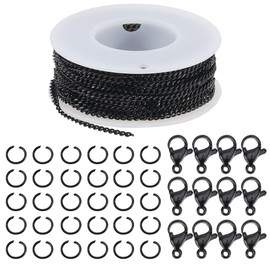 SOFPLATE 33 Feet/10m 3 x 2mm Black Curb Chain Bulk Chain Jewellery Making Kit with Jump Rings 304 Stainless Steel Cuban Metal Link Roll Connector Accessories for Jewellery Necklace Bracelet DIY Craft