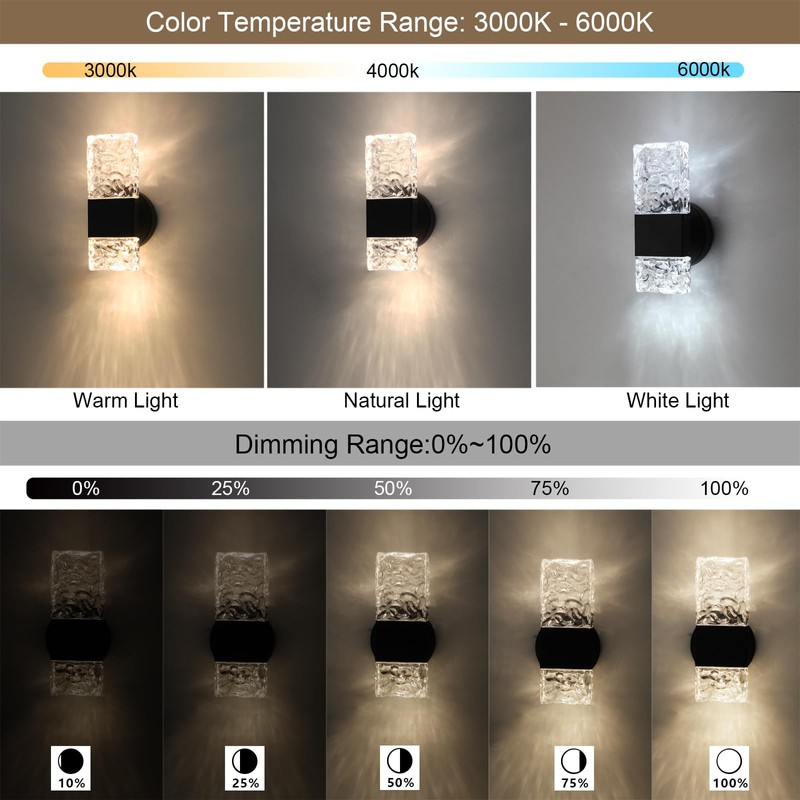 HuisMier Black Crystal Wall Sconces, Modern 3000K-6000K Dimmable LED Wall