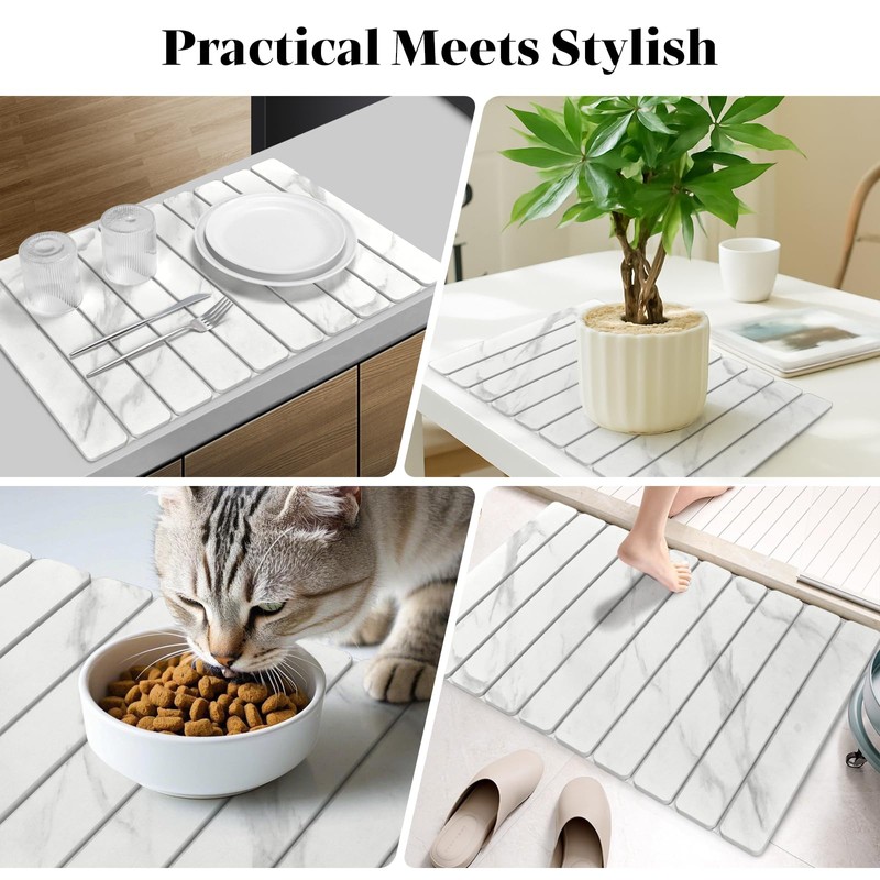 Stone Dish Drying Mats for Kitchen Counter, 24"(L)×16"(W) Marble-Pattern, Collapsible