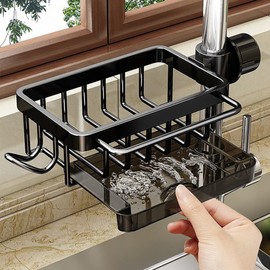Tebbomp Sponge Holder over Faucet Kitchen Sink Organizer, Space Aluminum Detachable Hanging Faucet Drain Rack with Hook Easy Install Easy to Use Black